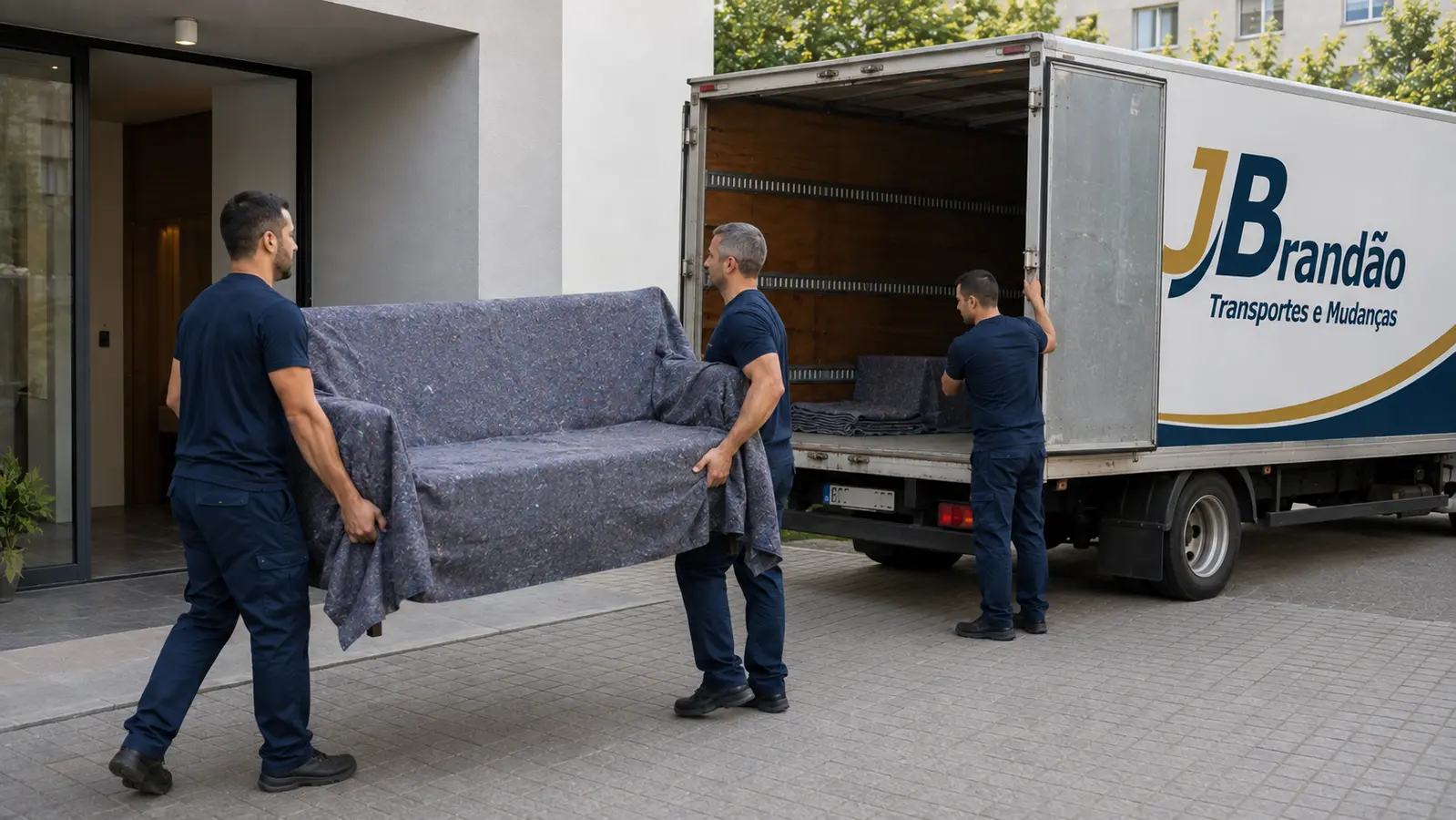 Equipa JBrandao Transportes a transportar um sofá protegido